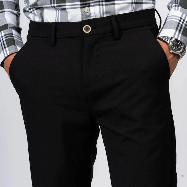 Black stretch pants styled for work, outings, and all-day comfort.