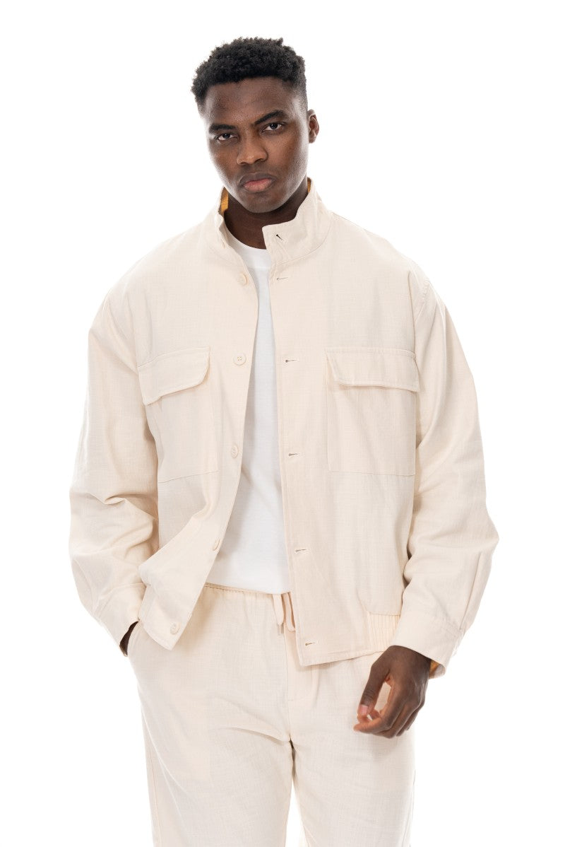 جاكيت قطني عملي بقصة مريحة - لون أبيض كريمي