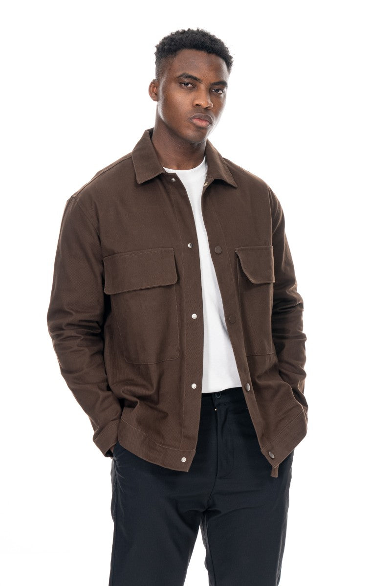 جاكيت قطني عملي بقصة مريحة - بني