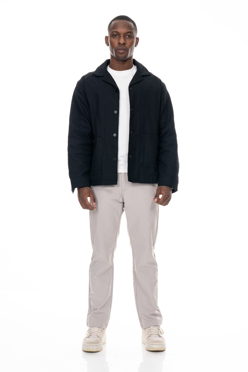 جاكيت قطني بأزرار وقصة مريحة - أسود