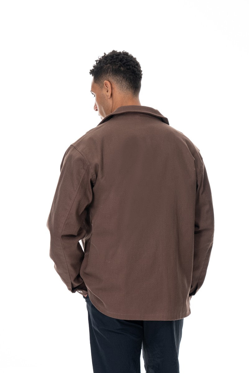 جاكيت قطني بأزرار بقصة مريحة - بني