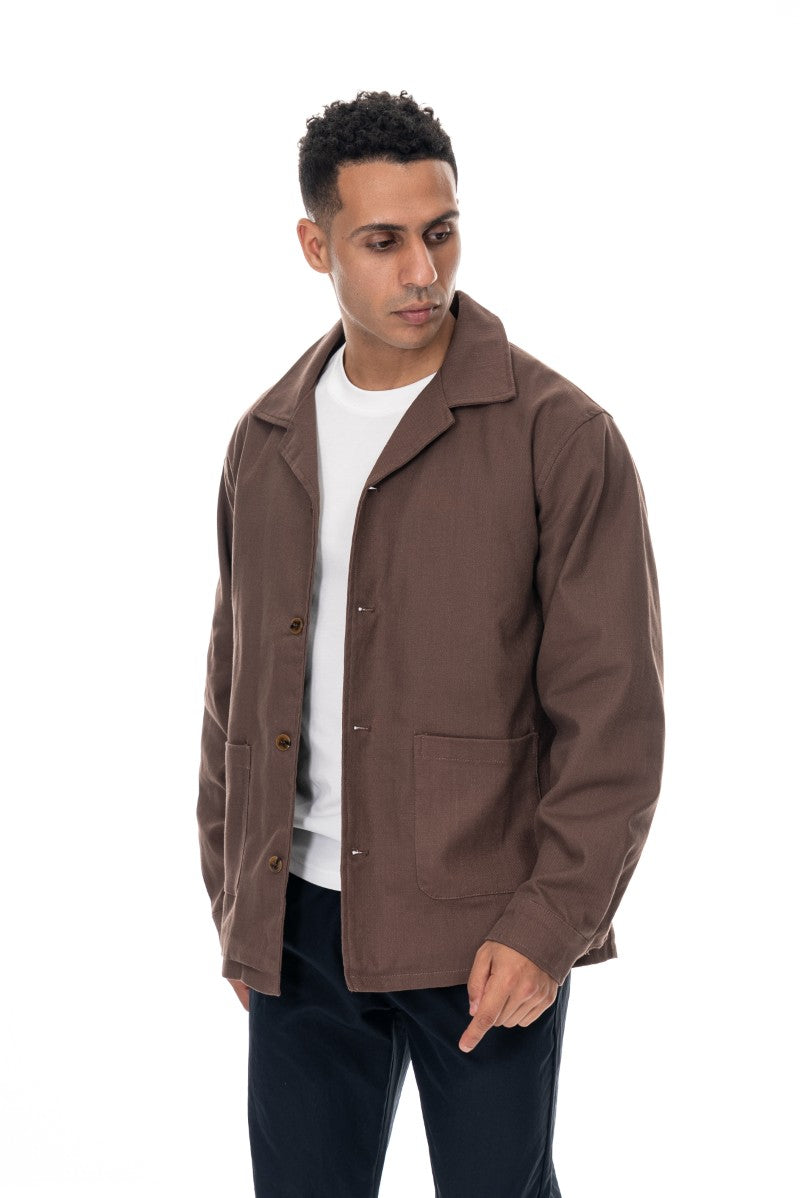 جاكيت قطني بأزرار بقصة مريحة - بني