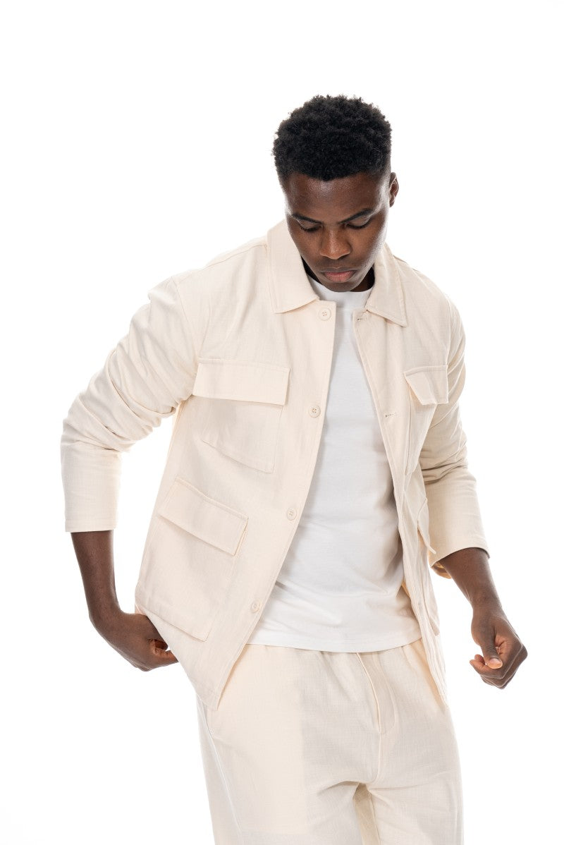 جاكيت قطني عملي بقصة مريحة - لون أبيض كريمي
