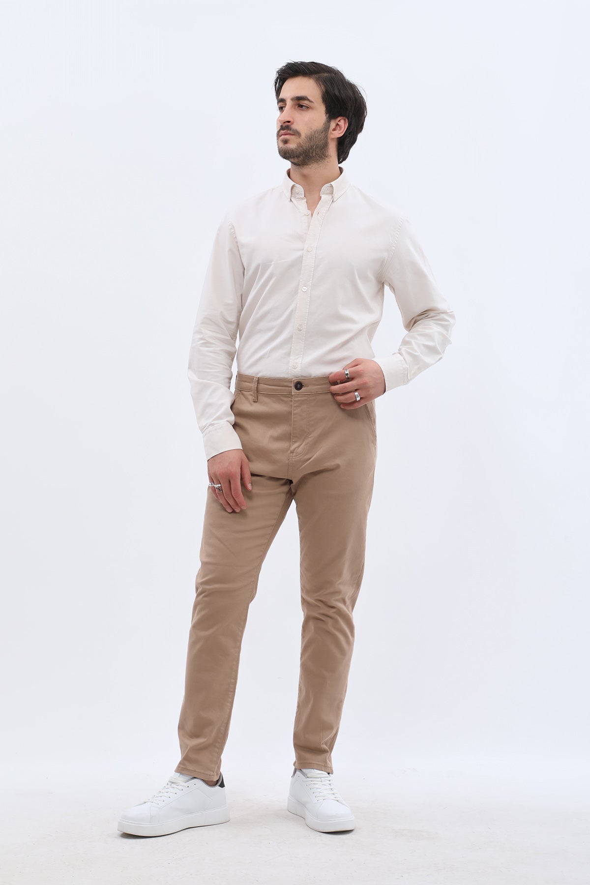 بنطلون كتان Slim Fit من JEANSPRO - لون رملي
