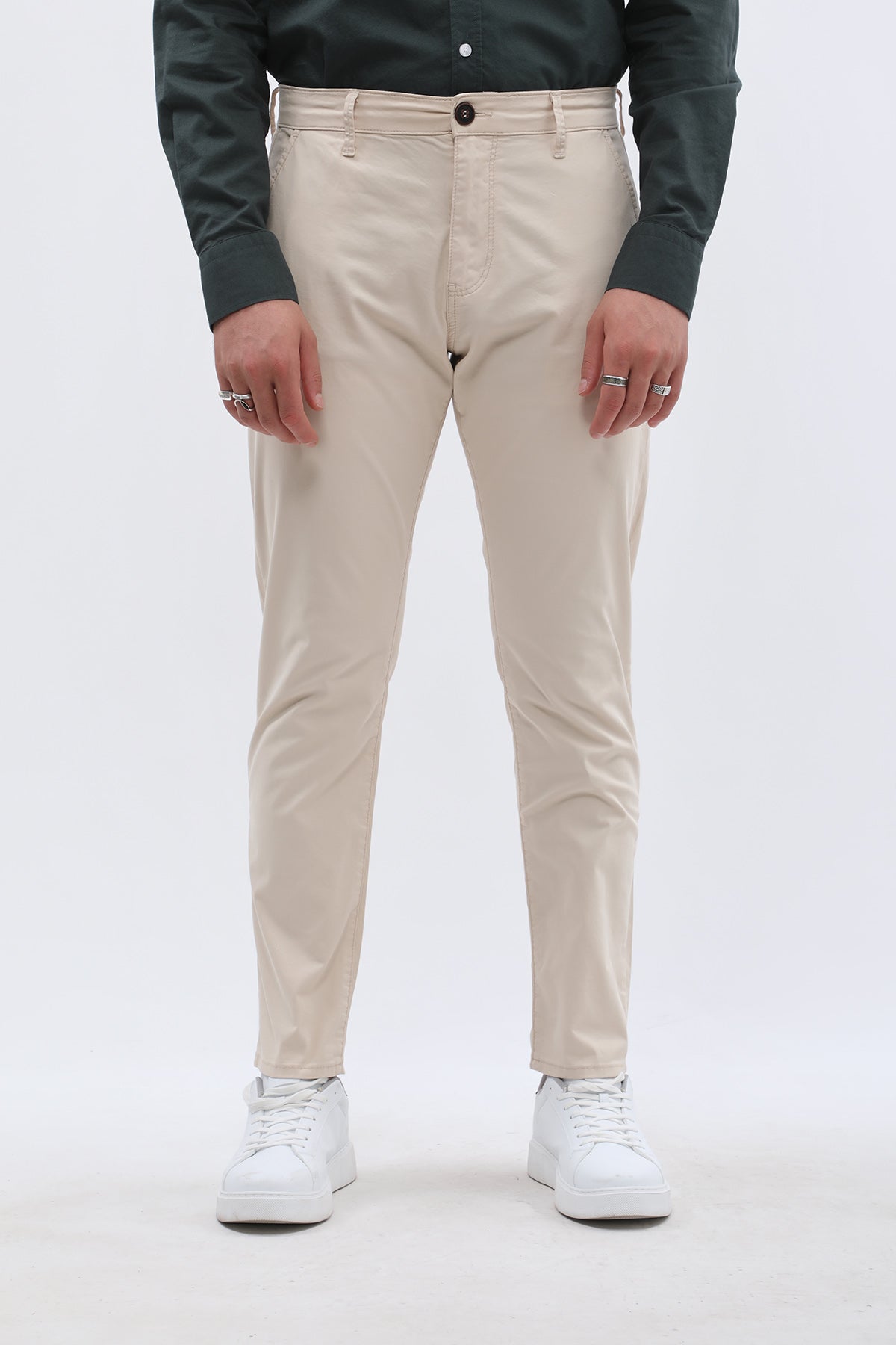 بنطلون كتان Slim Fit من JEANSPRO - لون كريمي