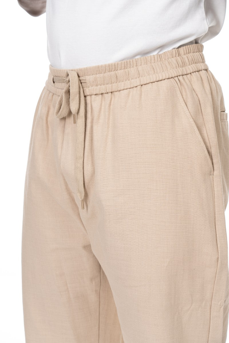 بنطال قطني برباط بقصة مريحة - بيج