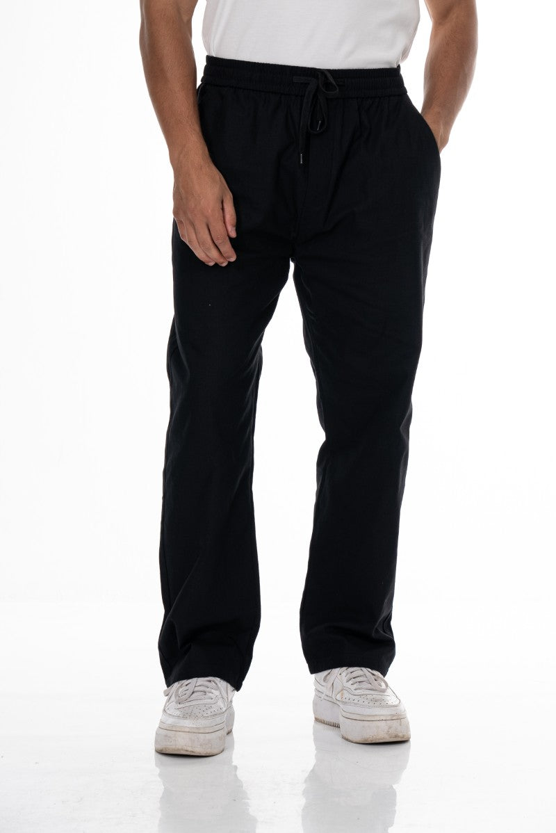 بنطال قطني برباط بقصة مريحة - أسود