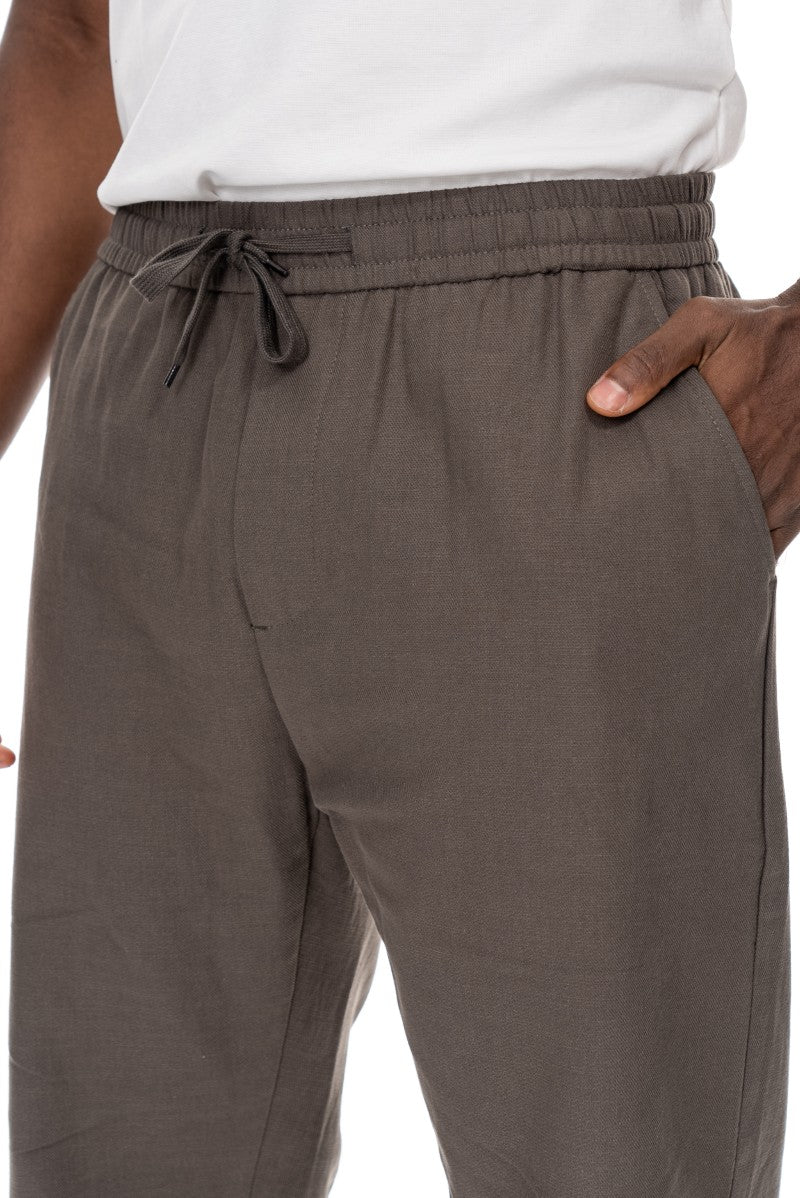 بنطال قطني برباط بقصة مريحة - رمادي