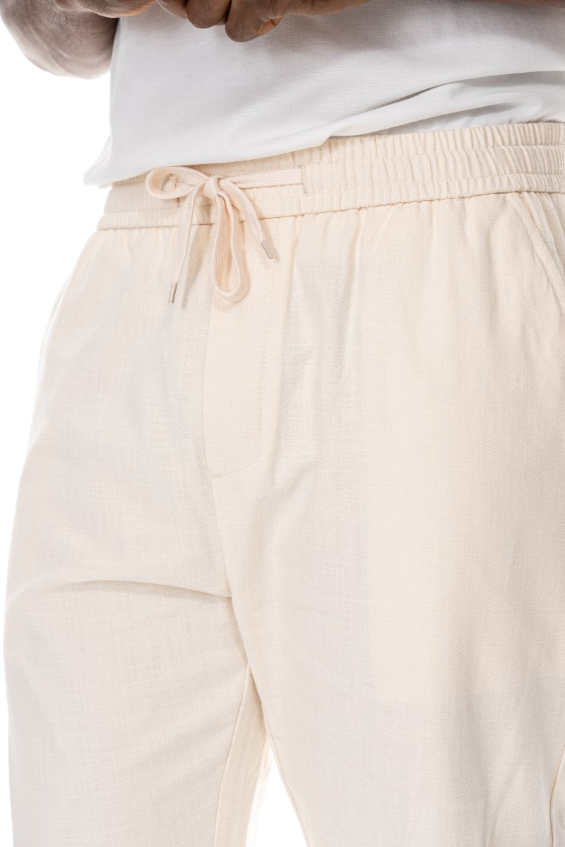 بنطال قطني برباط بقصة مريحة - لون أبيض كريمي