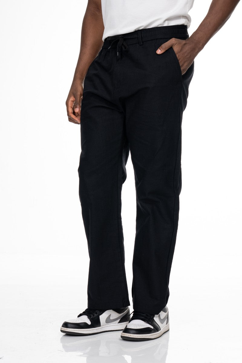 بنطال قطني برباط بقصة مريحة - أسود