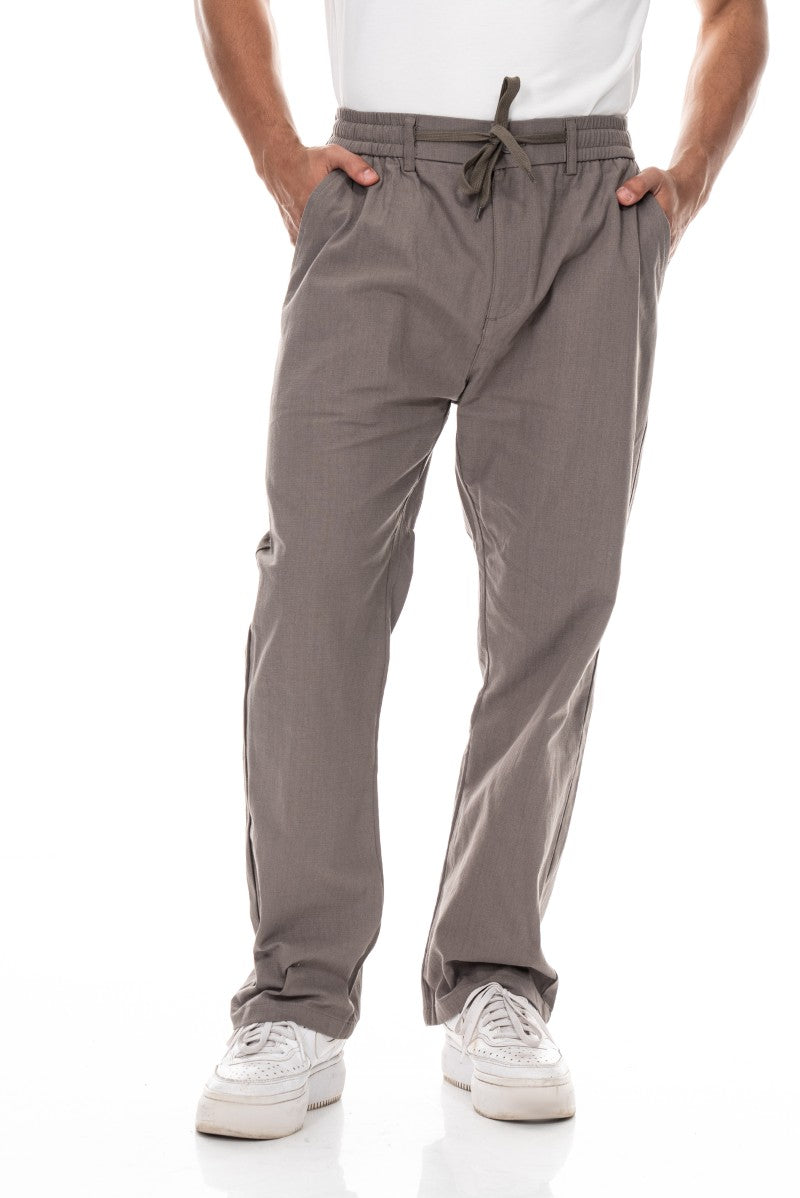 بنطال قطني برباط بقصة مريحة - رمادي