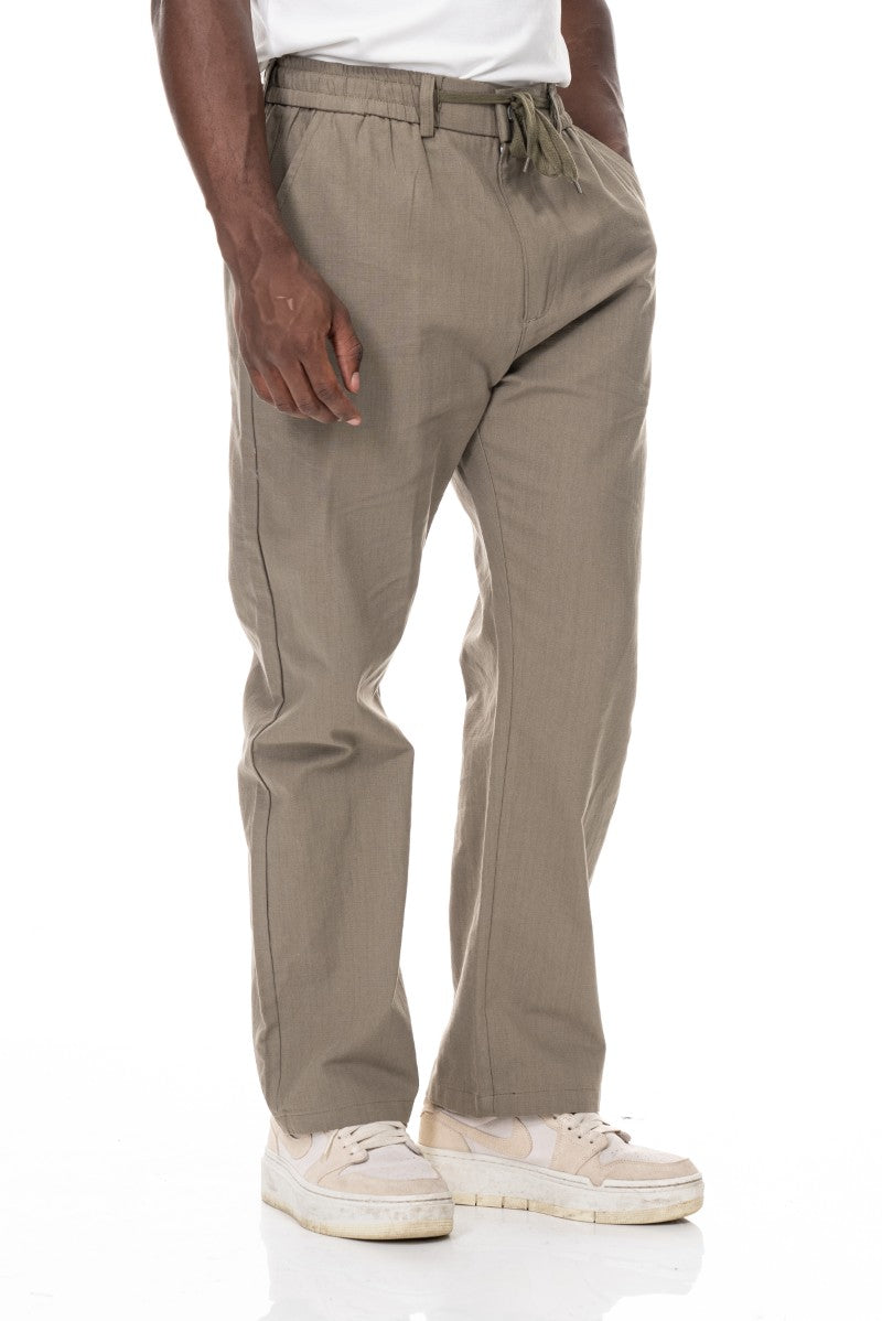 بنطال قطني برباط بقصة مريحة - كاكي