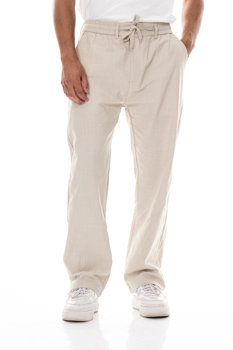 بنطال قطني برباط بقصة مريحة - لون حجري