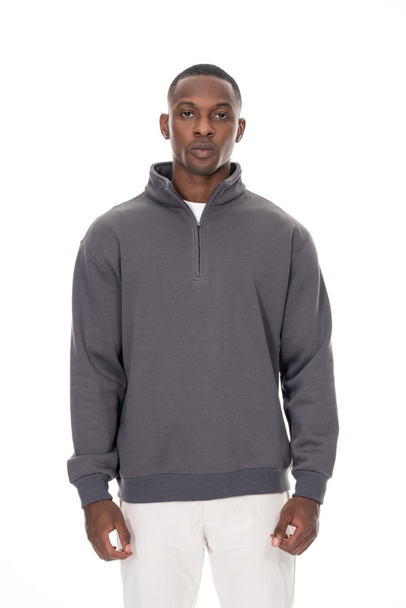 سويت شيرت قطني بنصف سحاب - رمادي داكن