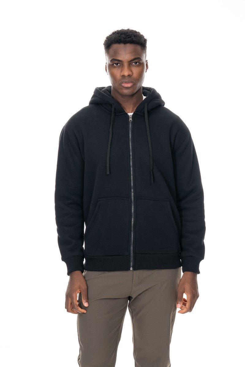 سترة بغطاء رأس قطنية أساسية بسحاب - أسود