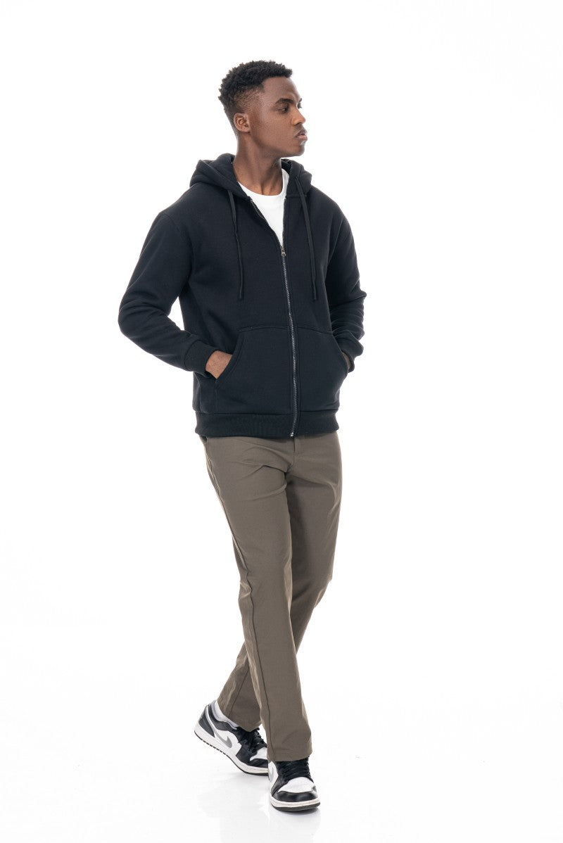 سترة بغطاء رأس قطنية أساسية بسحاب - أسود