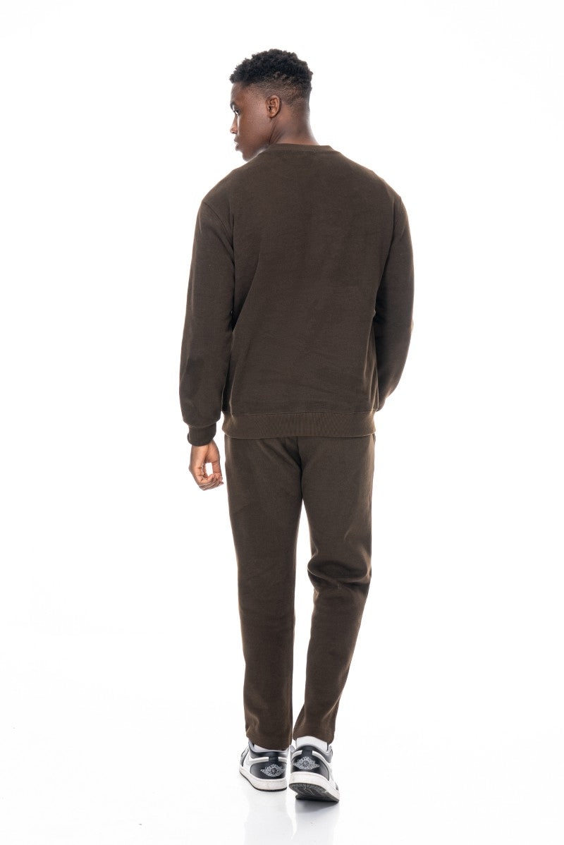 طقم سويت شيرت وبنطال رياضي أساسي - بني