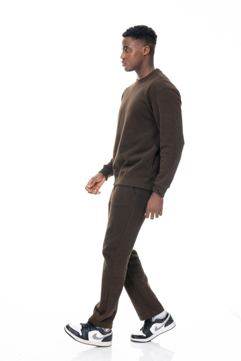 طقم سويت شيرت وبنطال رياضي أساسي - بني