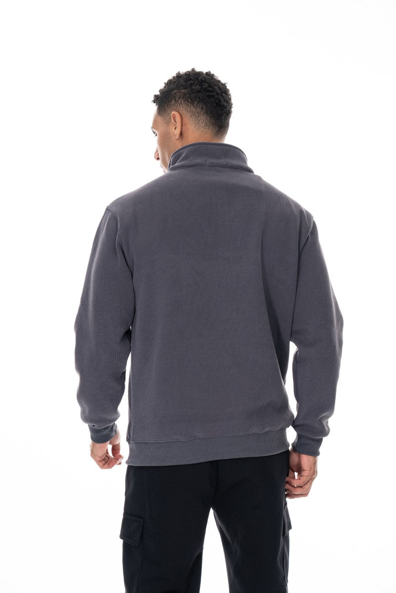 جاكيت قطني بسحاب وياقة عالية - رمادي داكن