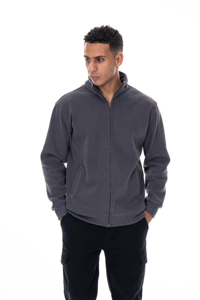 جاكيت قطني بسحاب وياقة عالية - رمادي داكن