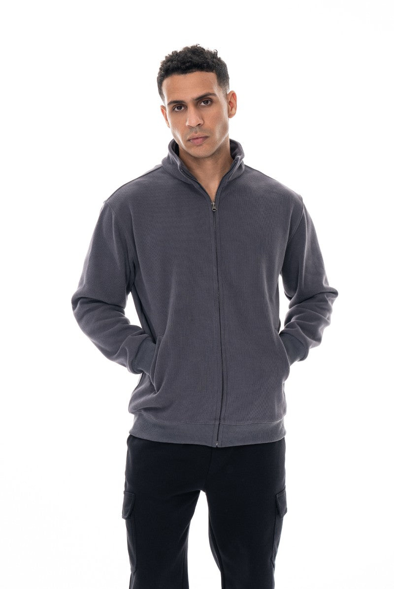 جاكيت قطني بسحاب وياقة عالية - رمادي داكن