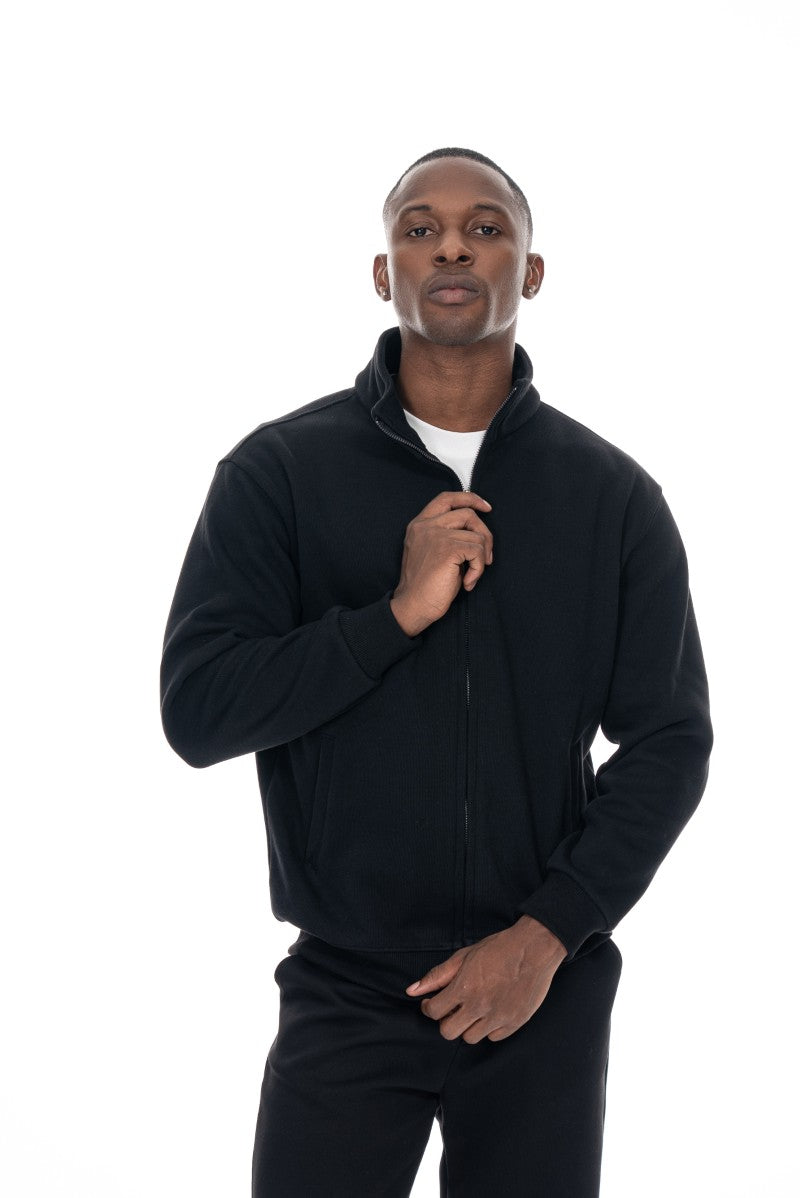 جاكيت قطني بسحاب وياقة عالية - أسود