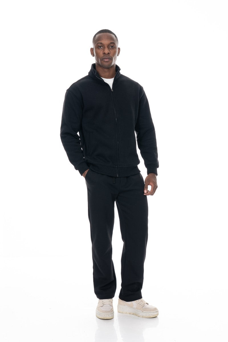 جاكيت قطني بسحاب وياقة عالية - أسود