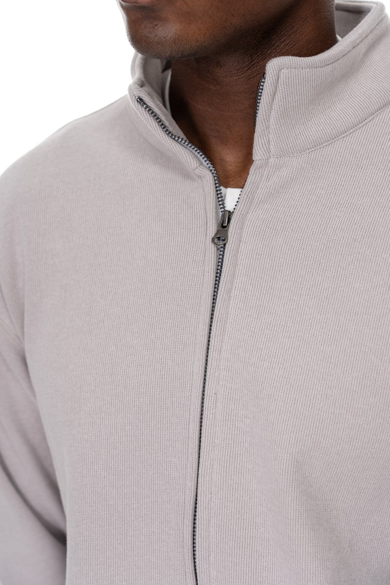 جاكيت قطني بسحاب وياقة عالية - رمادي فاتح