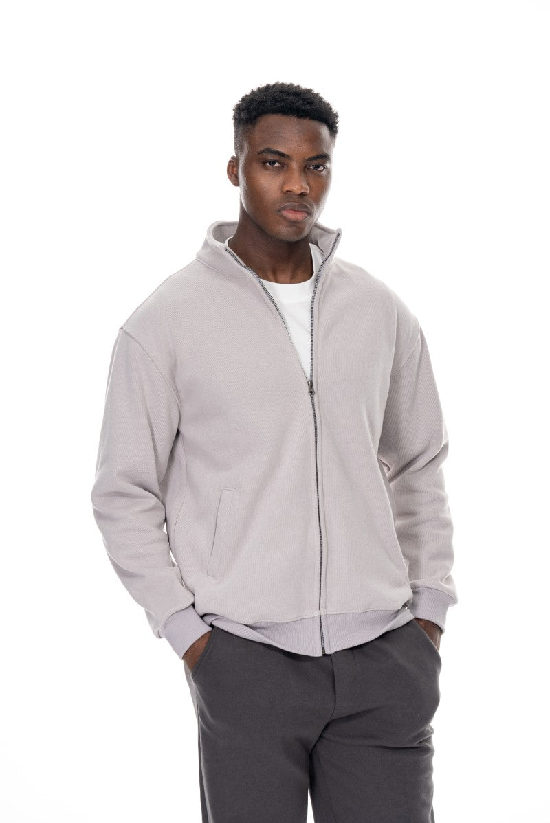 جاكيت قطني بسحاب وياقة عالية - رمادي فاتح