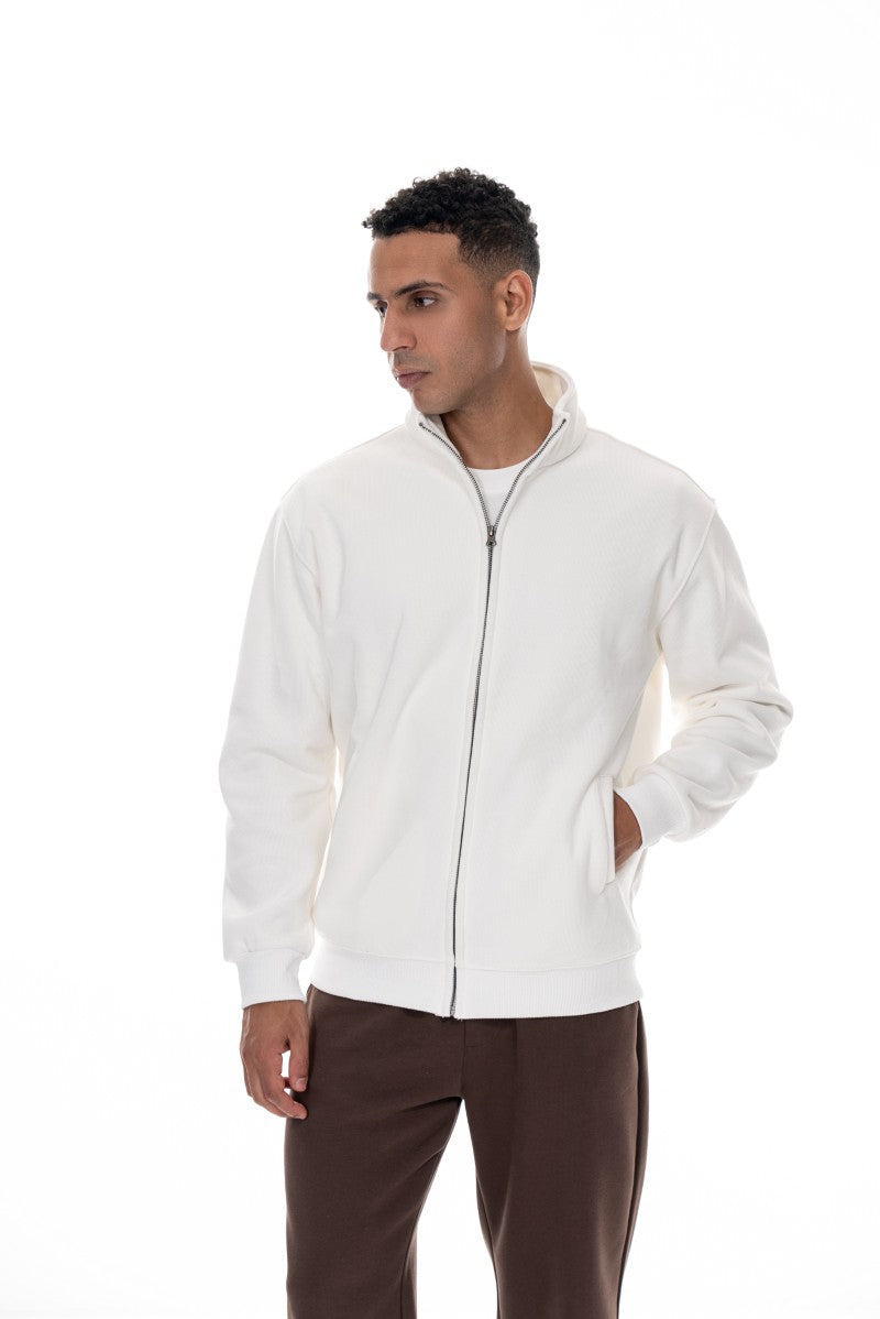 جاكيت قطني بسحاب وياقة عالية - أبيض كريمي