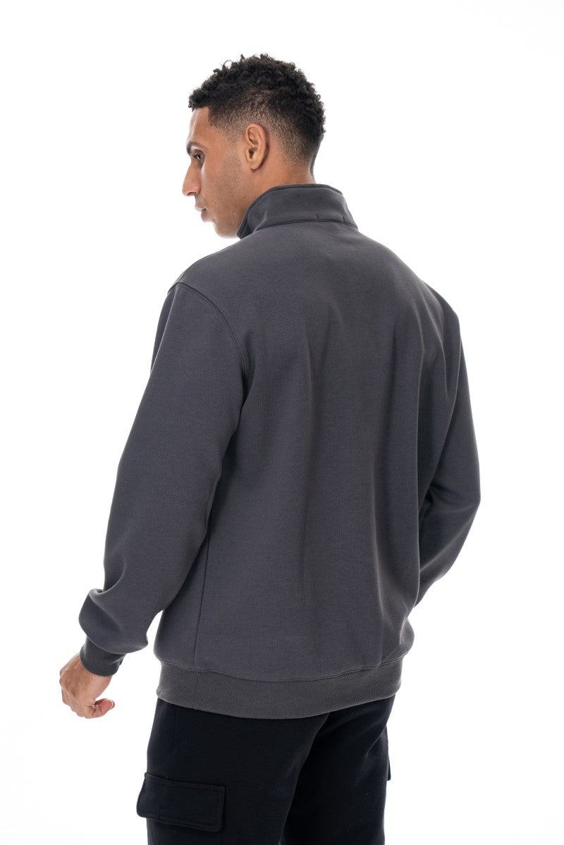 سويت شيرت قطني بنصف سحاب - رمادي داكن