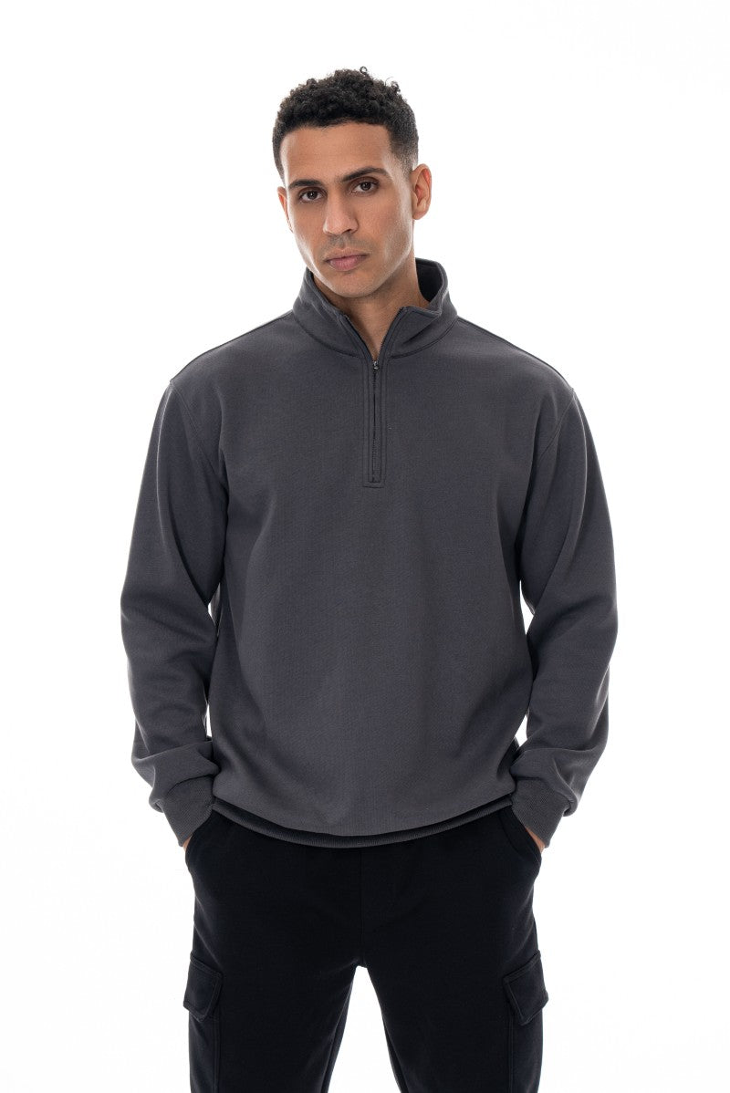 سويت شيرت قطني بنصف سحاب - رمادي داكن