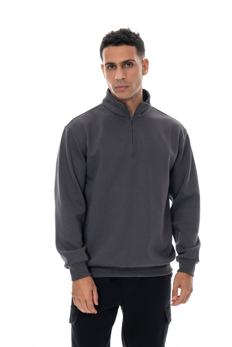 سويت شيرت قطني بنصف سحاب - رمادي داكن