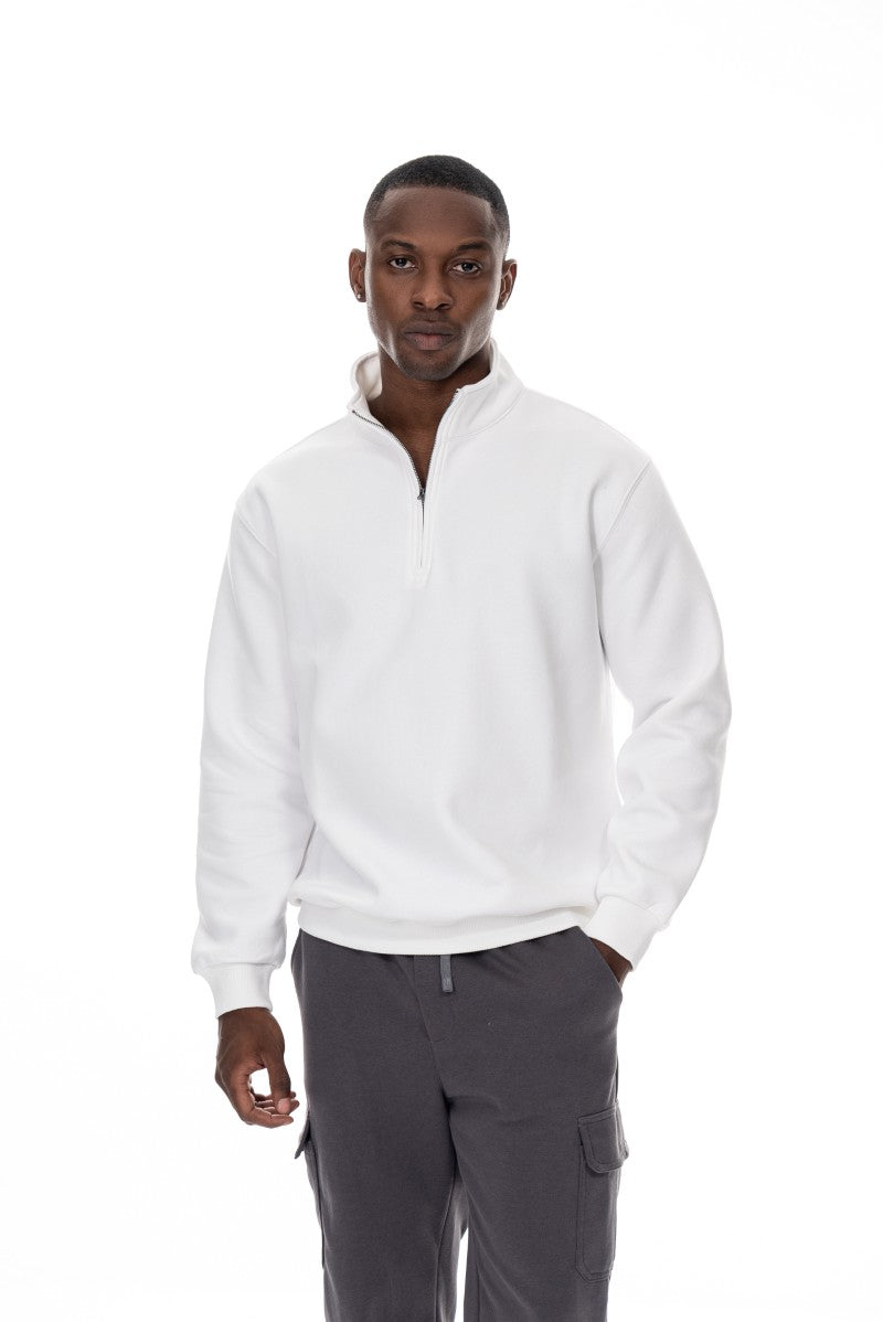 سويت شيرت قطني بنصف سحاب - أبيض