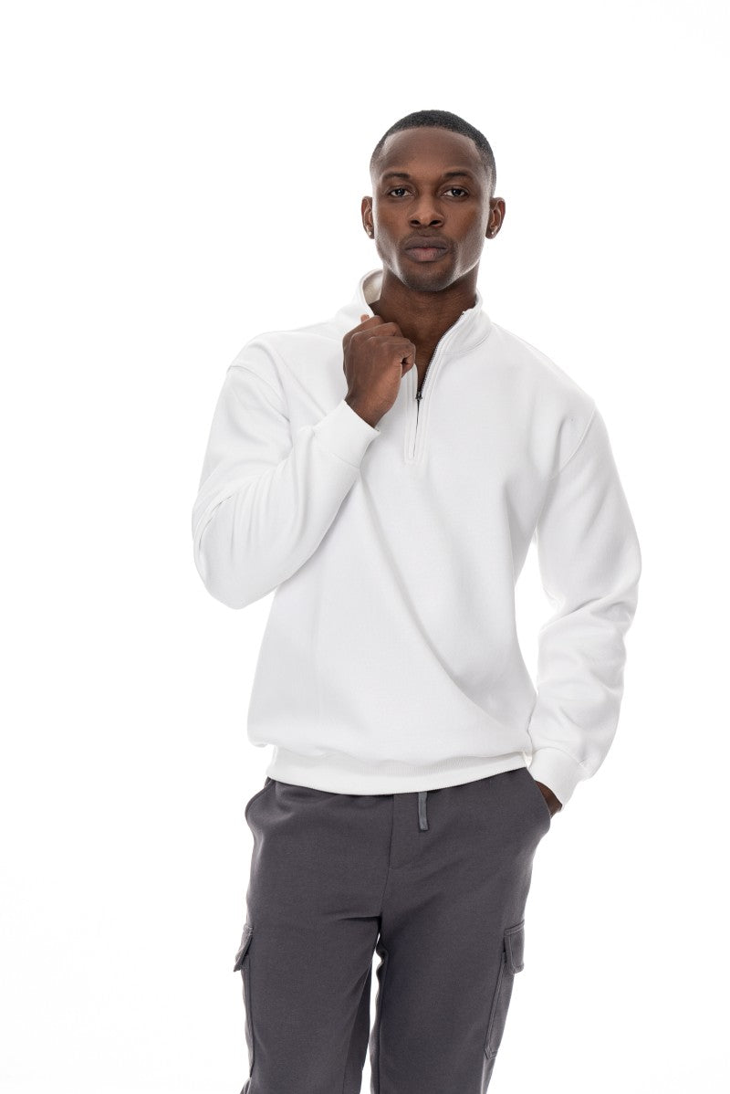 سويت شيرت قطني بنصف سحاب - أبيض