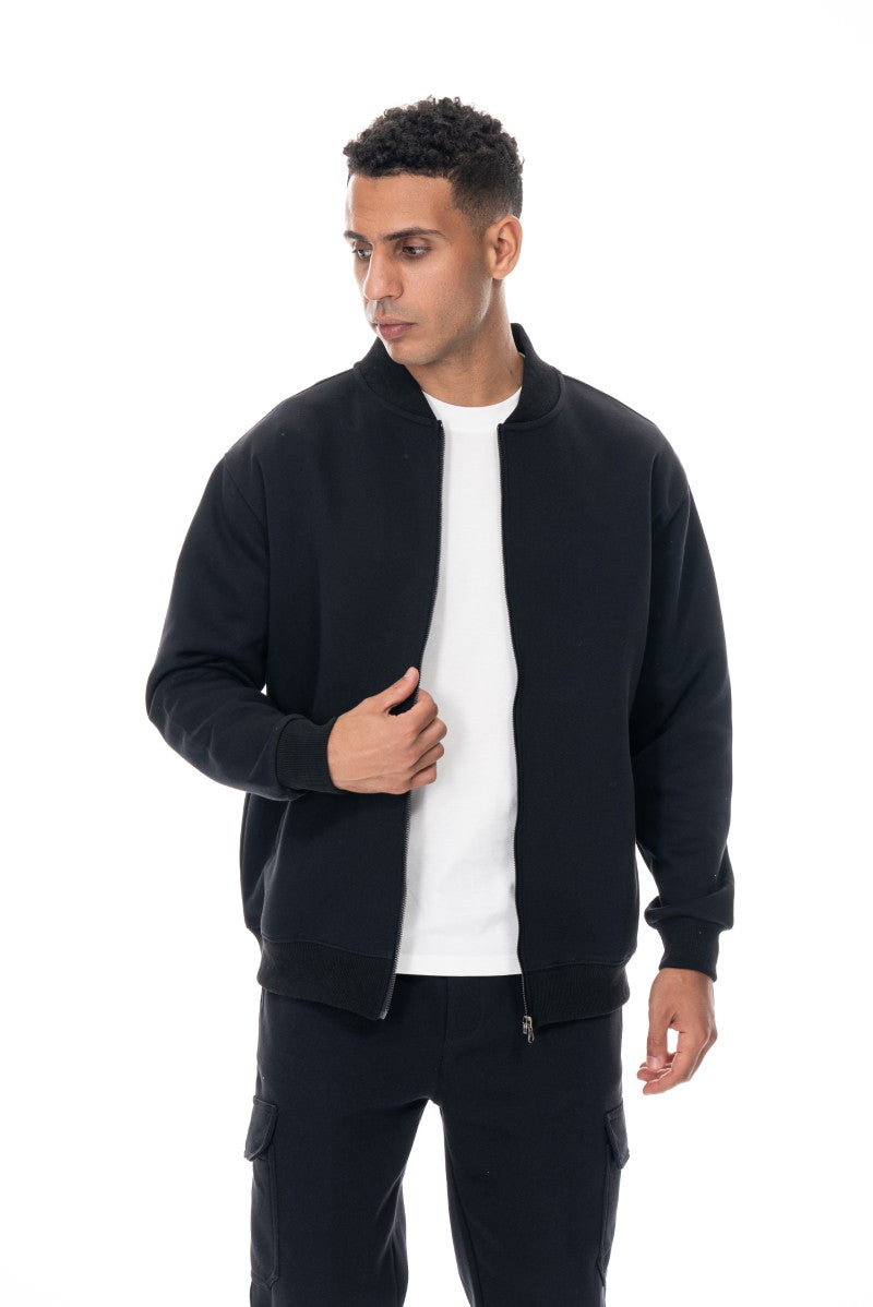 جاكيت قطني بسحاب وياقة عالية - أسود