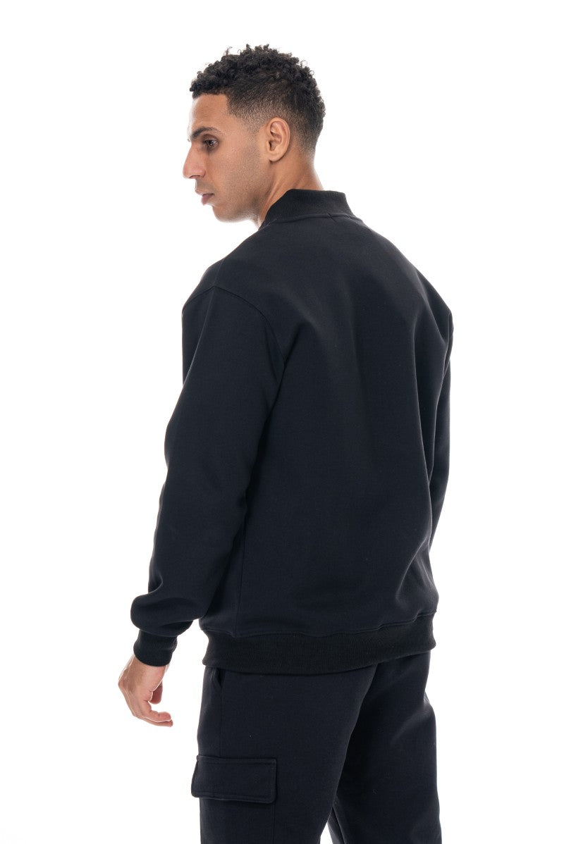 جاكيت قطني بسحاب وياقة عالية - أسود