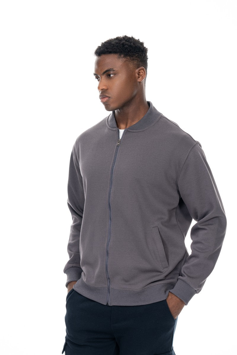 جاكيت قطني بسحاب وياقة عالية - رمادي داكن