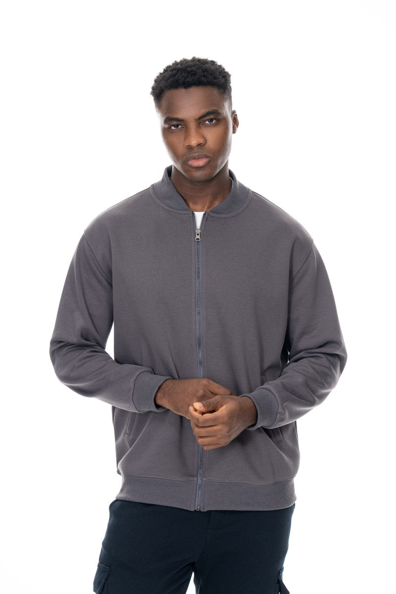 جاكيت قطني بسحاب وياقة عالية - رمادي داكن