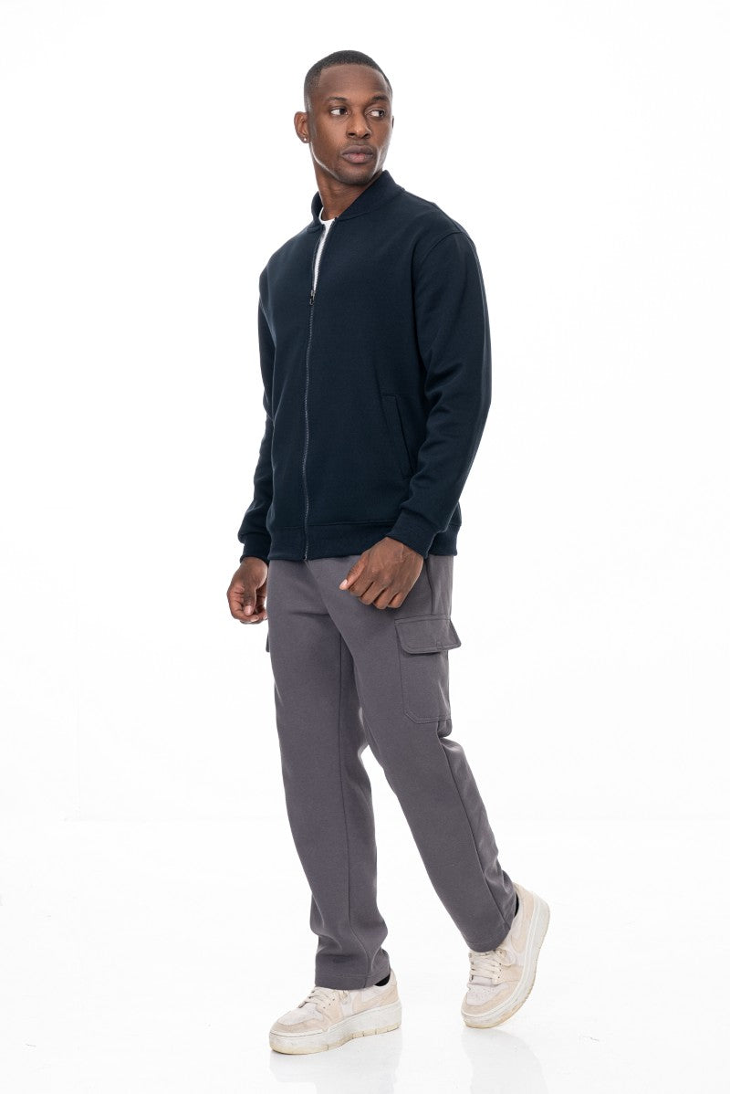 جاكيت قطني بسحاب وياقة عالية - كحلي