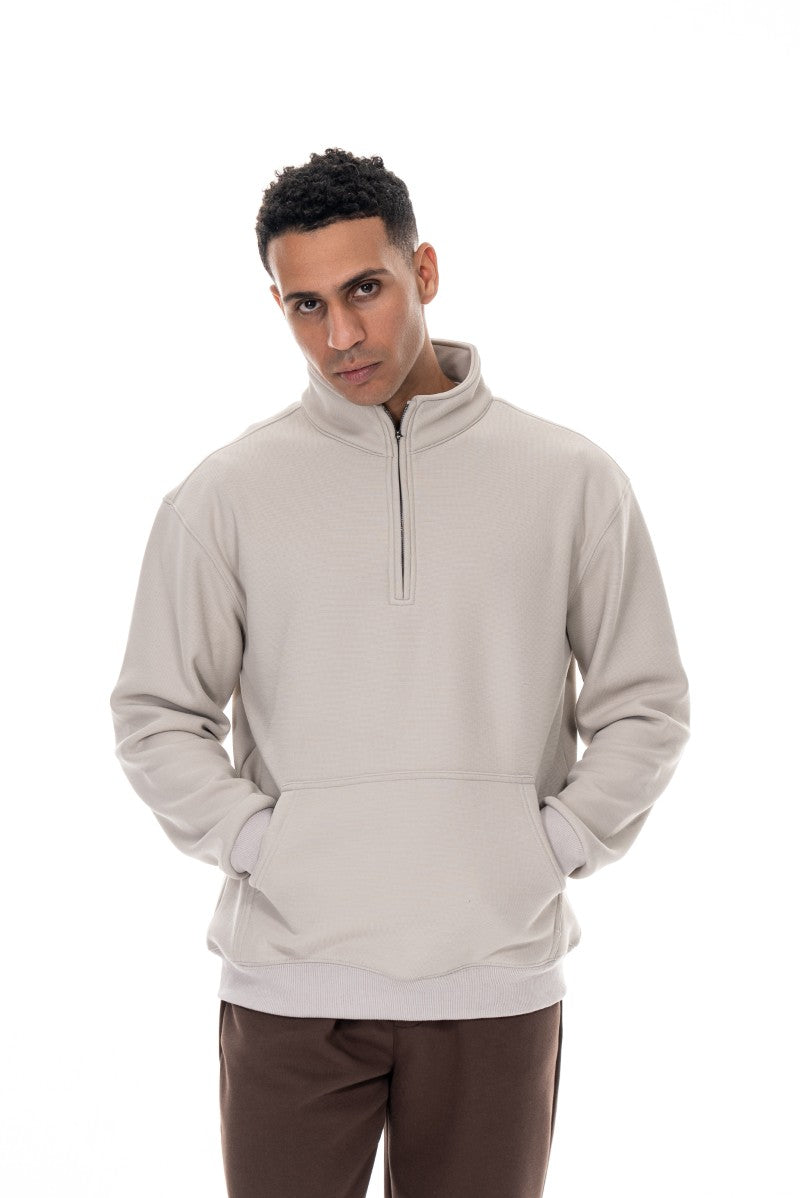 سويت شيرت قطني بنصف سحاب - بيج