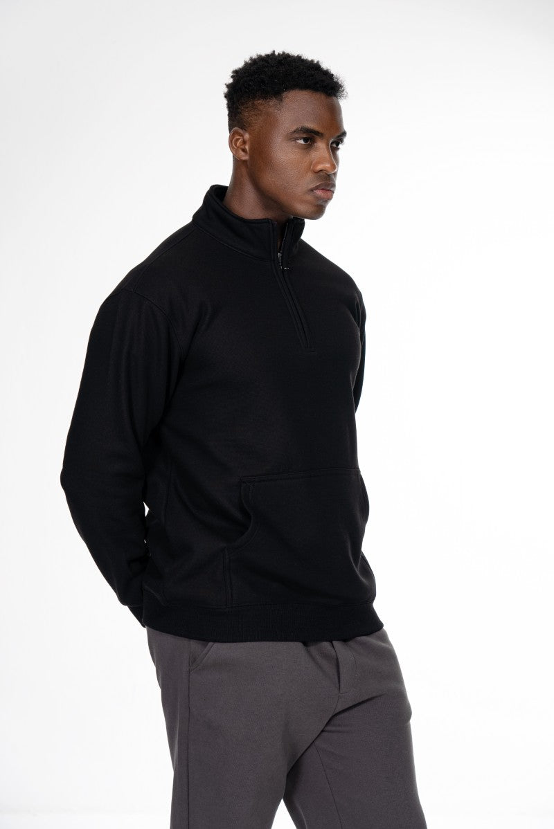 سويت شيرت قطني بنصف سحاب - أسود