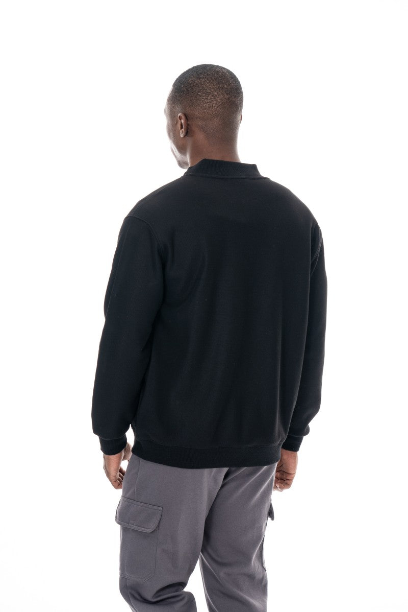 جاكيت قطني بسحاب وياقة عالية - أسود