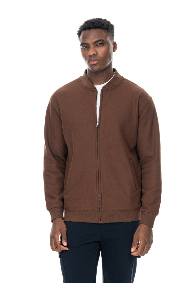 جاكيت قطني بسحاب وياقة عالية - بني