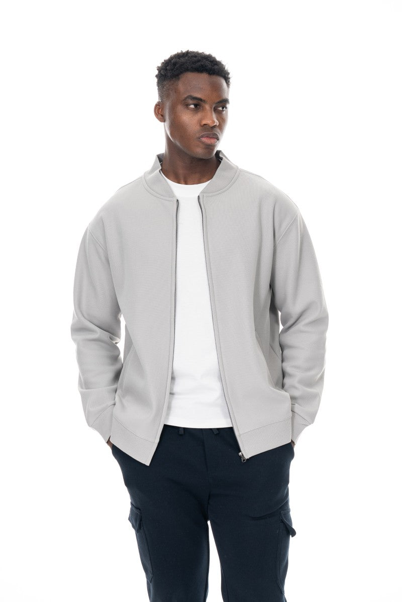 جاكيت قطني بسحاب وياقة عالية - رمادي فاتح