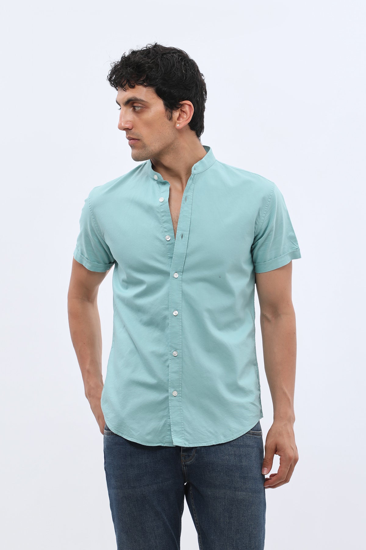 قميص أكسفورد بأكمام قصيرة وقبة ماندارين من SHIRTSPRO - لون فيروزي داكن