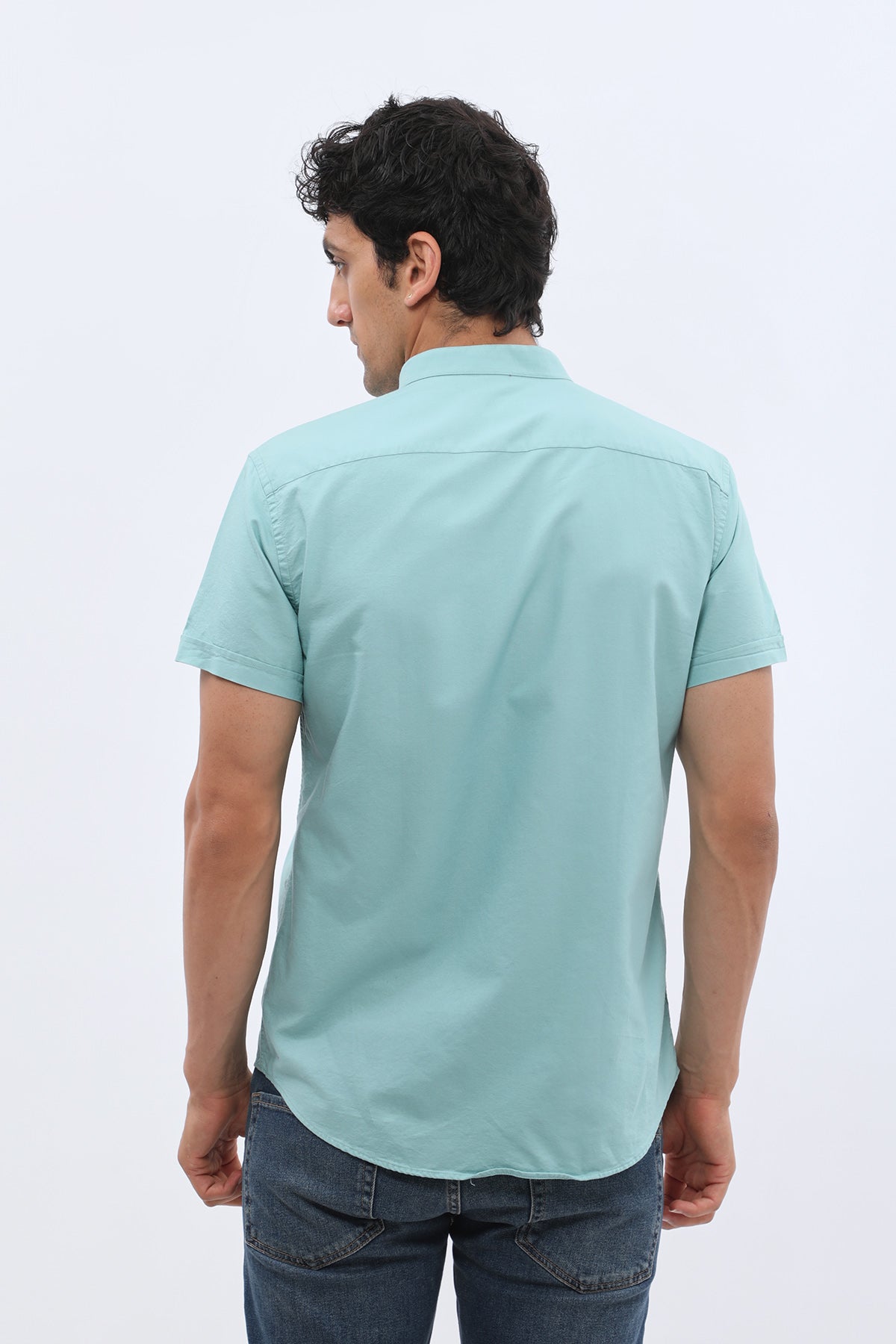قميص أكسفورد بأكمام قصيرة وقبة ماندارين من SHIRTSPRO - لون فيروزي داكن