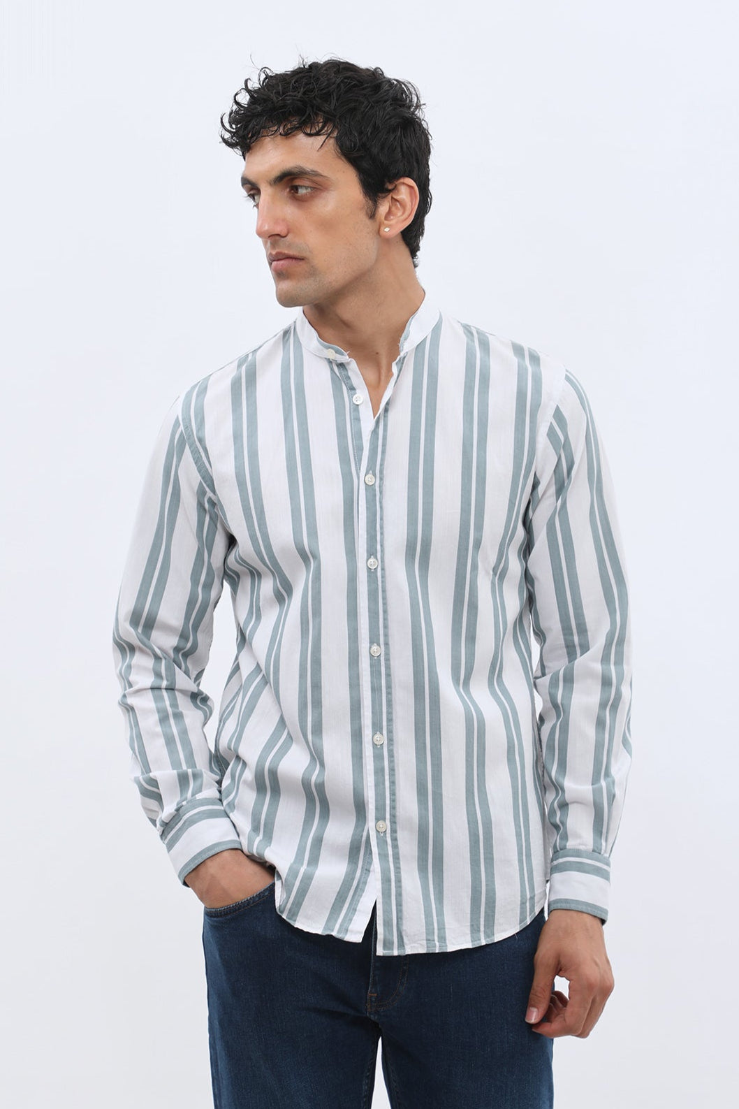 قميص أكسفورد مخطط بقبة ماندارين من SHIRTSPRO - لون بترولي