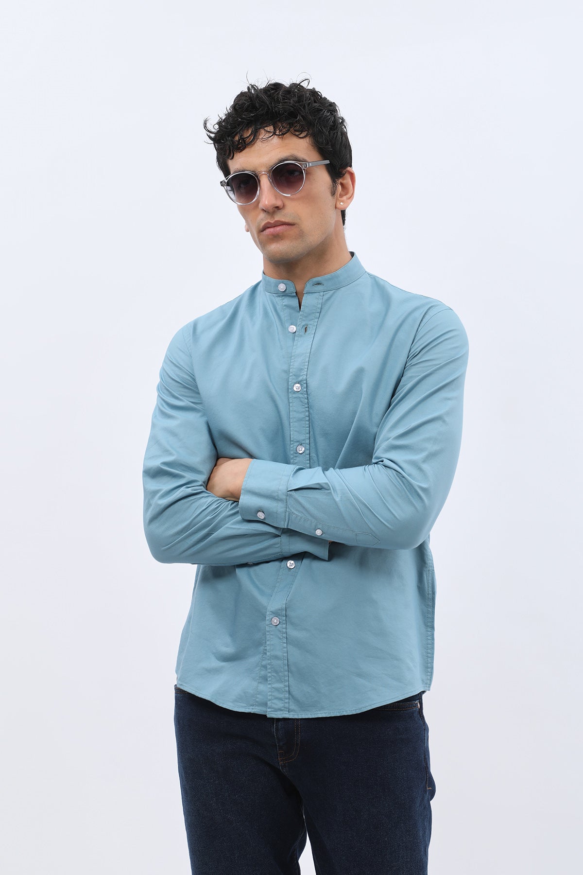 قميص أكسفورد بقبة ماندارين من SHIRTSPRO - لون أزرق بحري