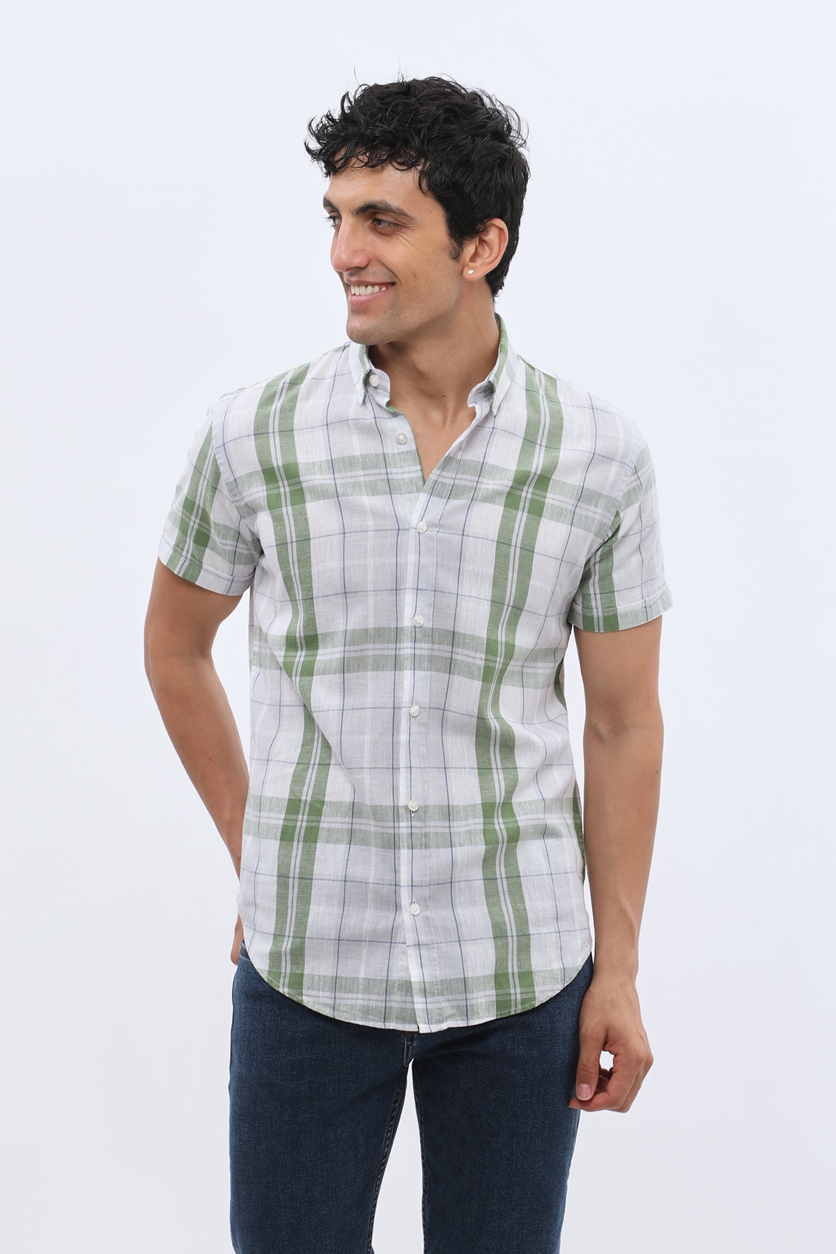 قميص كاروهات بأكمام قصيرة وقبة بأزرار من SHIRTSPRO - لون أخضر